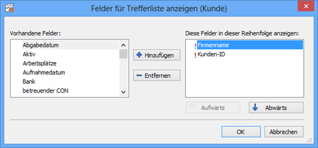 Trefferlisten-Felderanzeige